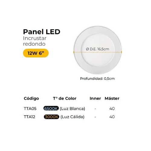 Panel redondo led de incrustar 12w luz blanca con Tecnologí de Larga Duración