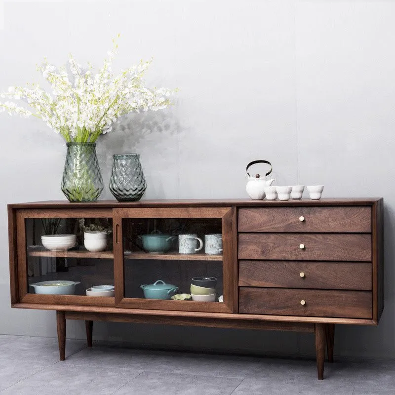 Aparador moderno de madera maciza con 4 cajones y puerta corredera Nuez Clearhalo