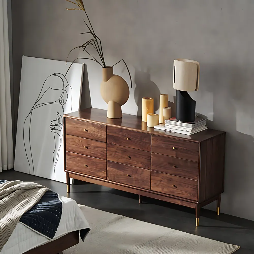 Cómoda rectangular de madera de caucho Cómoda decorativa moderna de mediados de siglo con 9 cajones Clearhalo