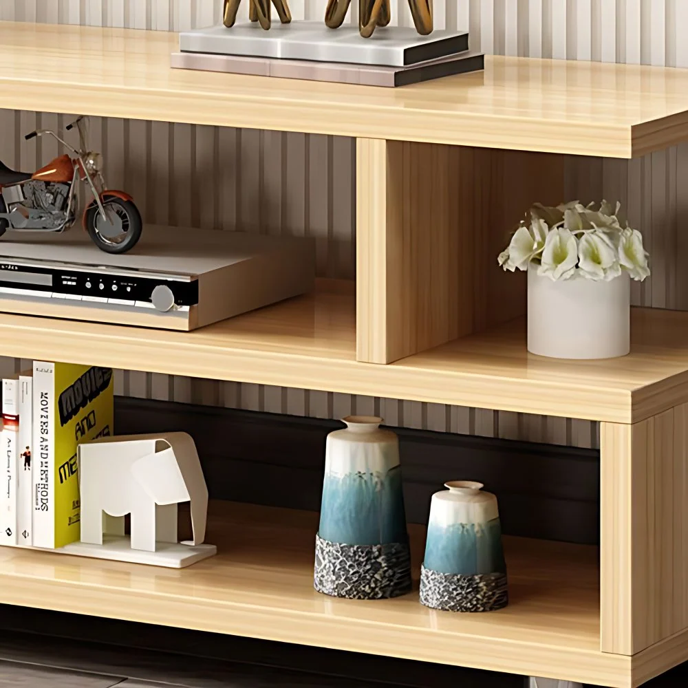 Consola abierta moderna para TV con almacenamiento, soporte para TV de madera y metal con acabado en madera Gris Clearhalo
