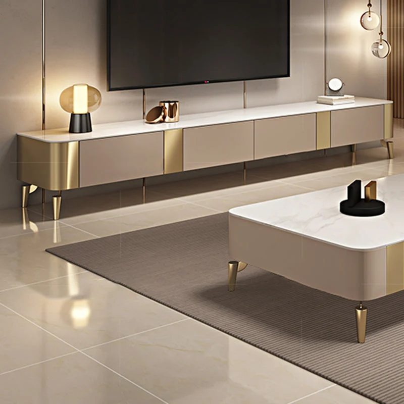 Consola contemporánea con soporte para TV, consola multimedia para TV de piedra con cajones Negro Clearhalo