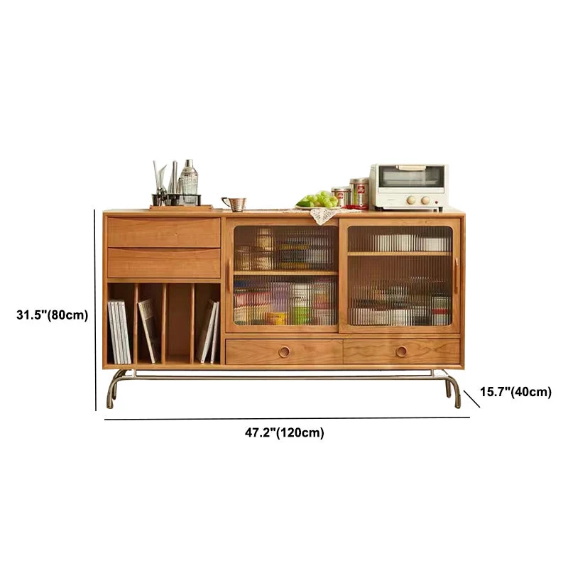 Mesa auxiliar de madera maciza, estantes ajustables naturales, credenza con puerta de cristal Clearhalo