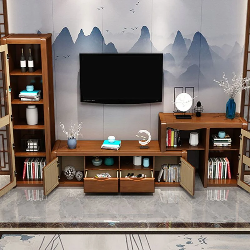 Soporte tradicional para TV de madera de caucho, estante abierto, consola para TV con cajones Clearhalo