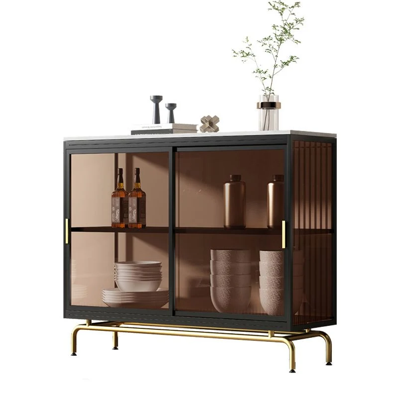 Vitrina moderna de metal para curiosidades, vitrina de vidrio y puertas corredizas para sala de estar Marron Clearhalo
