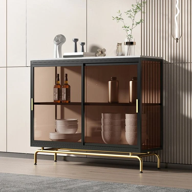 Vitrina moderna de metal para curiosidades, vitrina de vidrio y puertas corredizas para sala de estar Marron Clearhalo