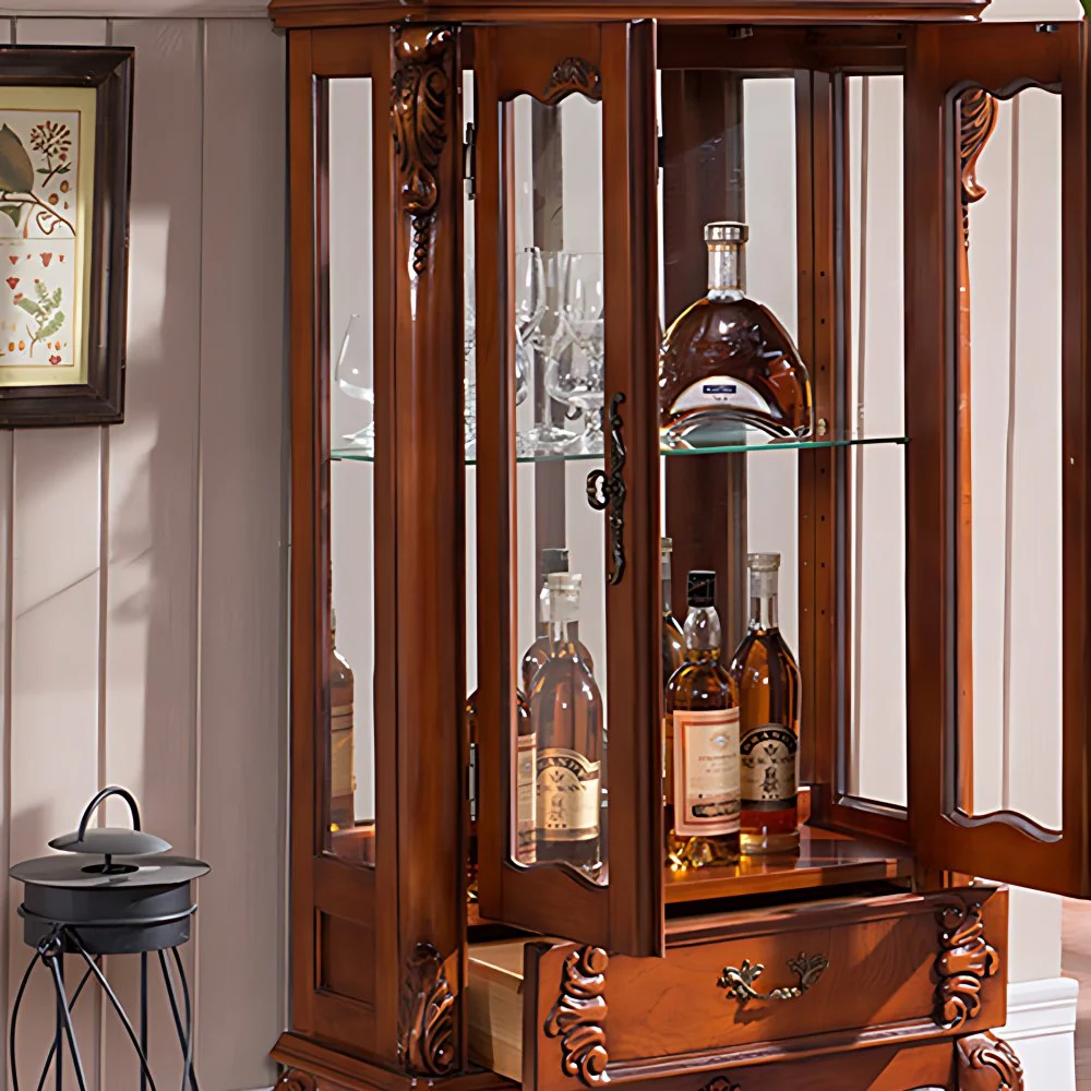 Vitrina tradicional de madera de caucho con puertas de vidrio para sala de estar Marron Clearhalo