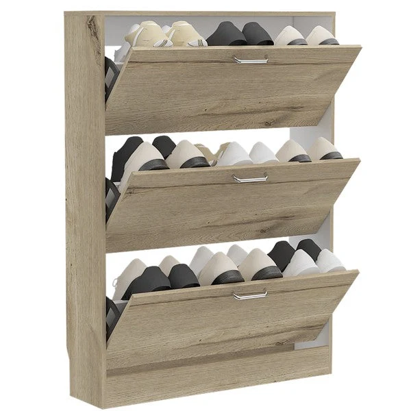 Zapatero Z,94, Duna y Blanco, con tres amplios cajones para colocar hasta dieciocho pares de calzado Tuhome Furniture