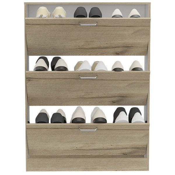 Zapatero Z,94, Duna y Blanco, con tres amplios cajones para colocar hasta dieciocho pares de calzado Tuhome Furniture
