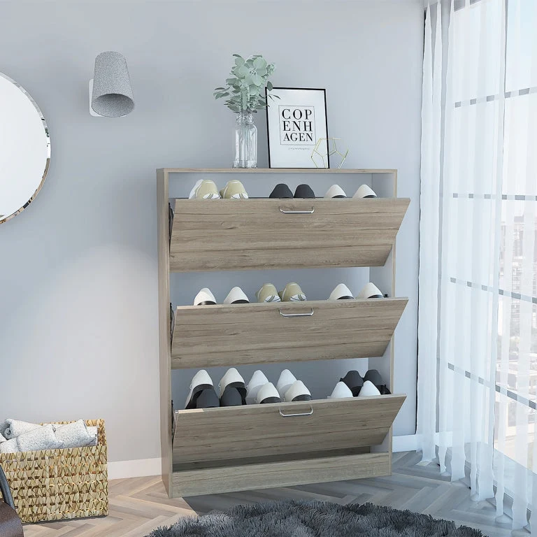 Zapatero Z,94, Duna y Blanco, con tres amplios cajones para colocar hasta dieciocho pares de calzado Tuhome Furniture