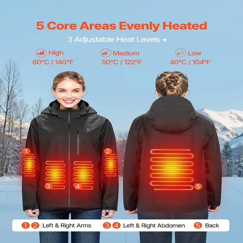 7.4V Battery Men’s Caliente Jacket Soft Shell Electric Heating Coat, 5 Heating Zones, 3 Heat Settings, Machine Washable, S...