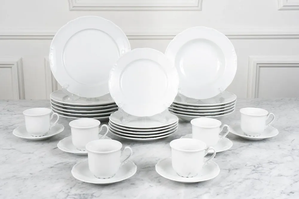 Vajilla Blanca Con Relieve Elemental & Tazas 6 Personas