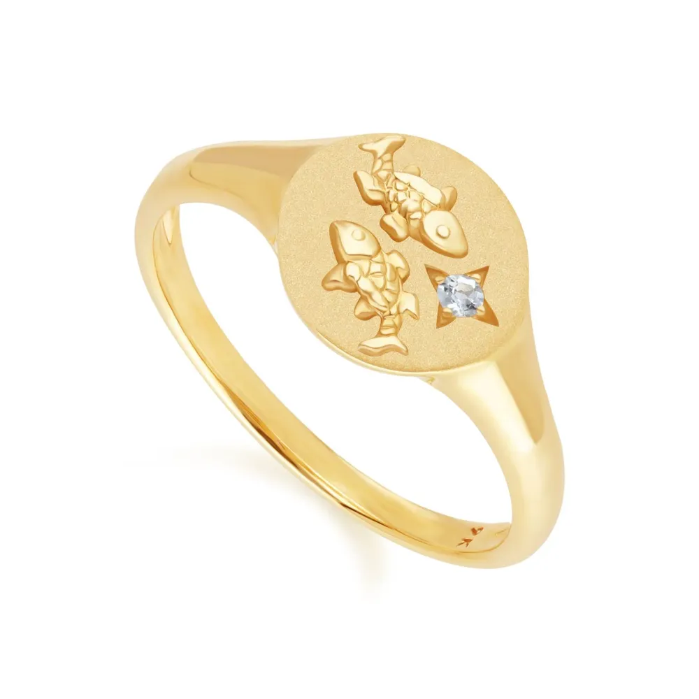 Alta Duración Anillo de sello de aguamarina del zodíaco Piscis en oro amarillo de 9 quilates