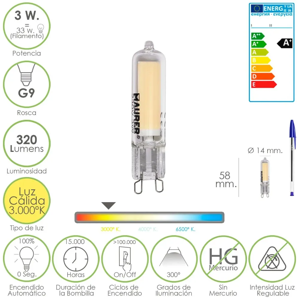 Alta Duración BOMBILLA LED G9 3w 320 LUMEN L.C.