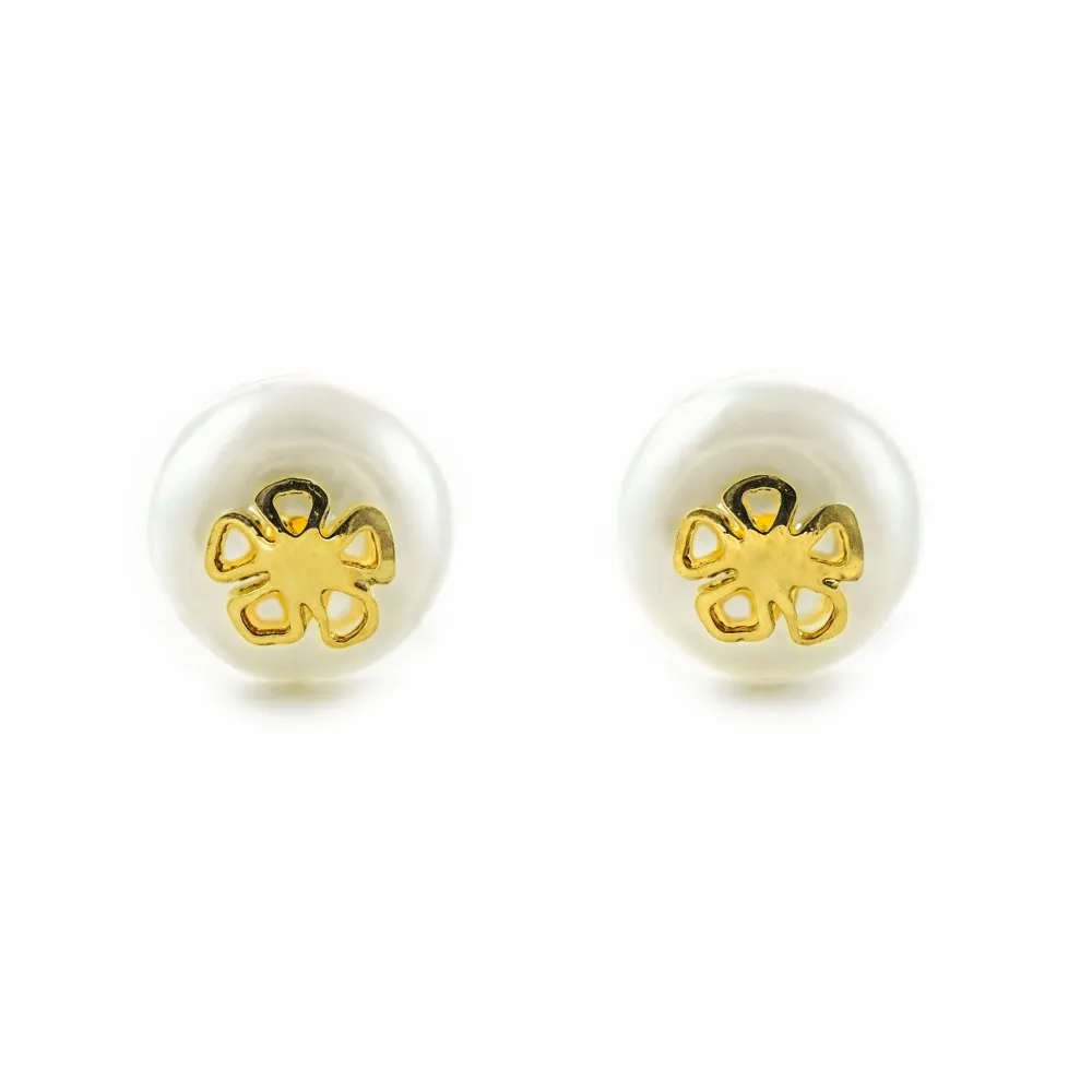 Baterí de 9V Pendientes Niñ oro Amarillo 9K Flor Perla Sin aditivos Botón Brillo