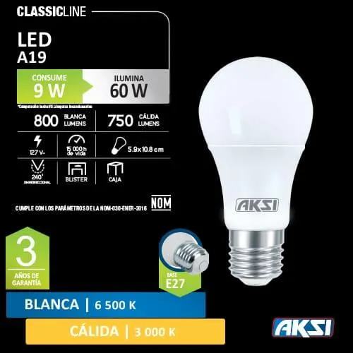 Foco led classic a19 9w 6500k e27 Aksi