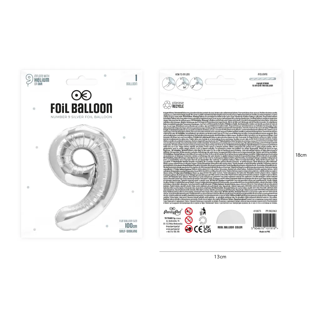 Globo foil numero 9 plata 100cm