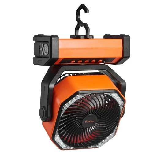 9 Inch Portable Rechargeable Fan LED Lantern 4-Speed Modificable, 45°/90° Automatic Swivel, Timer, USB Battery-Powered Fan