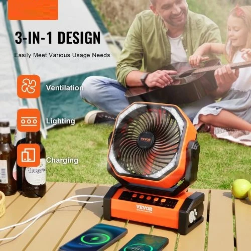 9 Inch Portable Rechargeable Fan LED Lantern 4-Speed Modificable, 45°/90° Automatic Swivel, Timer, USB Battery-Powered Fan