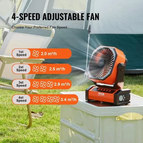 9 Inch Portable Rechargeable Fan LED Lantern 4-Speed Modificable, 45°/90° Automatic Swivel, Timer, USB Battery-Powered Fan