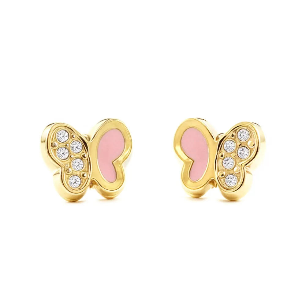 Pack de Pilas Pendientes Niñ Oro Amarillo 9K Mariposa Esmalte Rosa Circonita Brillo