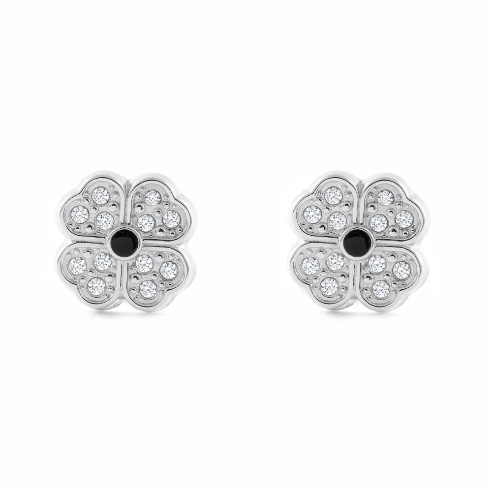 Pendientes Niñ Oro Blanco 9K Trebol 4 hojas Circonitas Brillo con Cargador Incluido