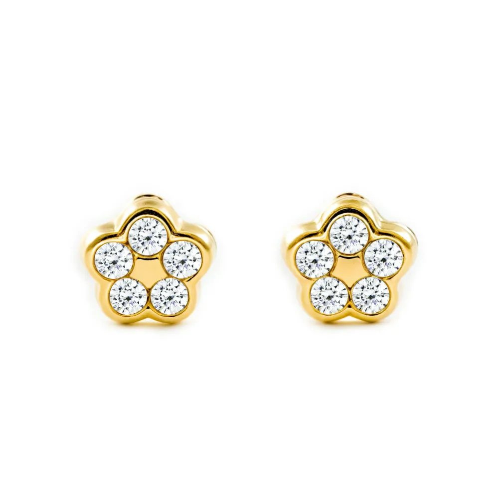 Pilas Alcalinas Pendientes Bebe Oro Amarillo 9K Flor Margarita Circonitas Brillo