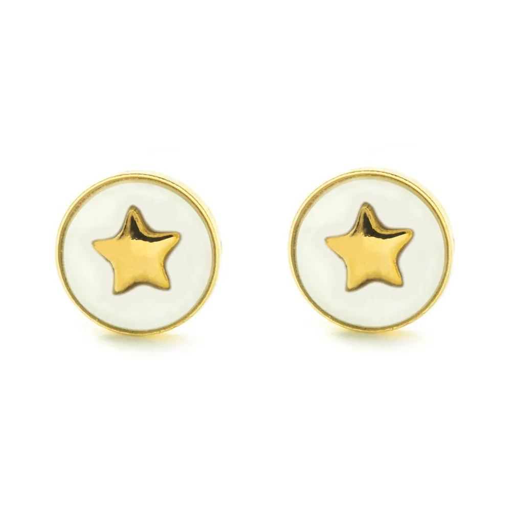 Pilas de Litio Pendientes Niñ oro Amarillo 9K Estrella Nacar Madre Perla Brillo
