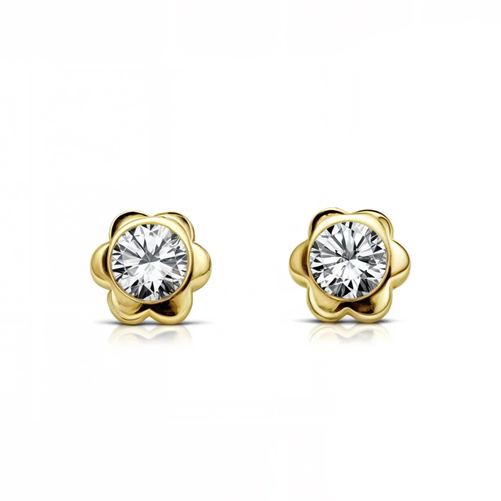 Pilas de Reloj Pendientes Bebe-Niñ Oro Amarillo 9K Chatón Flor Circonita Brillo