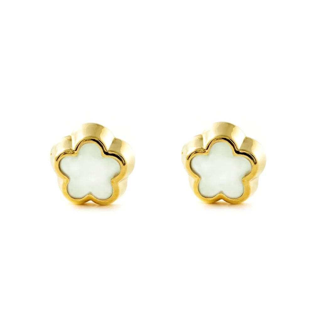 Recargables Premium Pendientes Oro Amarillo 9K Nacar Flor Margarita Brillo