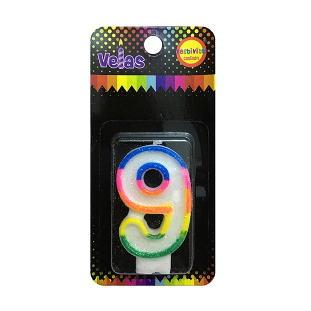 Vela Numeral Glitter Nº 9 X 1 Un Resistentes Derrames