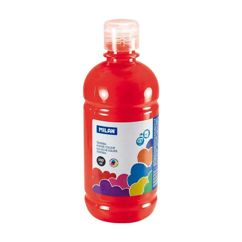 Premium Calidad Milan Botella de Tempera 500ml - Tapon Dosificador - Secado Rapido - Mezclable - Color Rojo