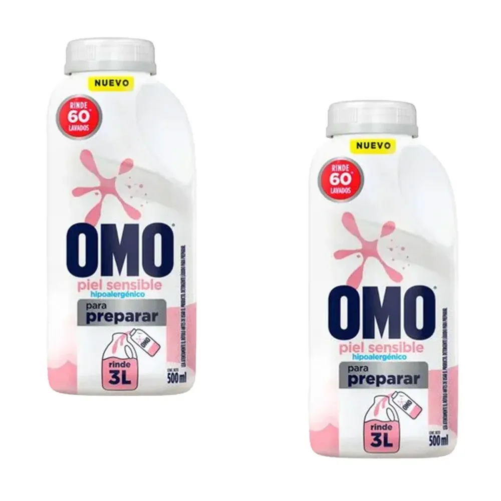 Pack Detergente líquido para diluir OMO Hipoalargénico Piel Sensible 500 ml (rinde 3 litros) 2x $9.990