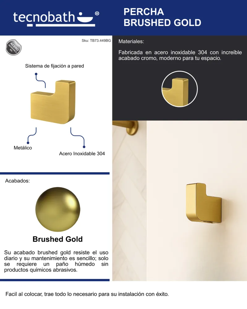 Percha Para Baño Brushed Gold Tecnobath