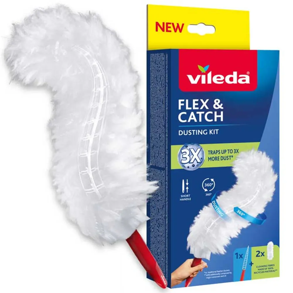 Escoba Flex&Catch de Vileda, con mango corto, 2 cartuchos incluidos, antideslizante, cabeza flexible, 179432
