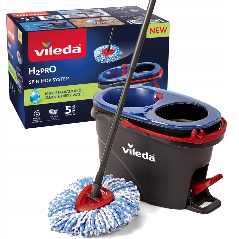 Vileda Mopa rotativa, dos cámaras, sistema de centrifugado, barra abatible, fácil limpieza de esquinas, turbo H2prO