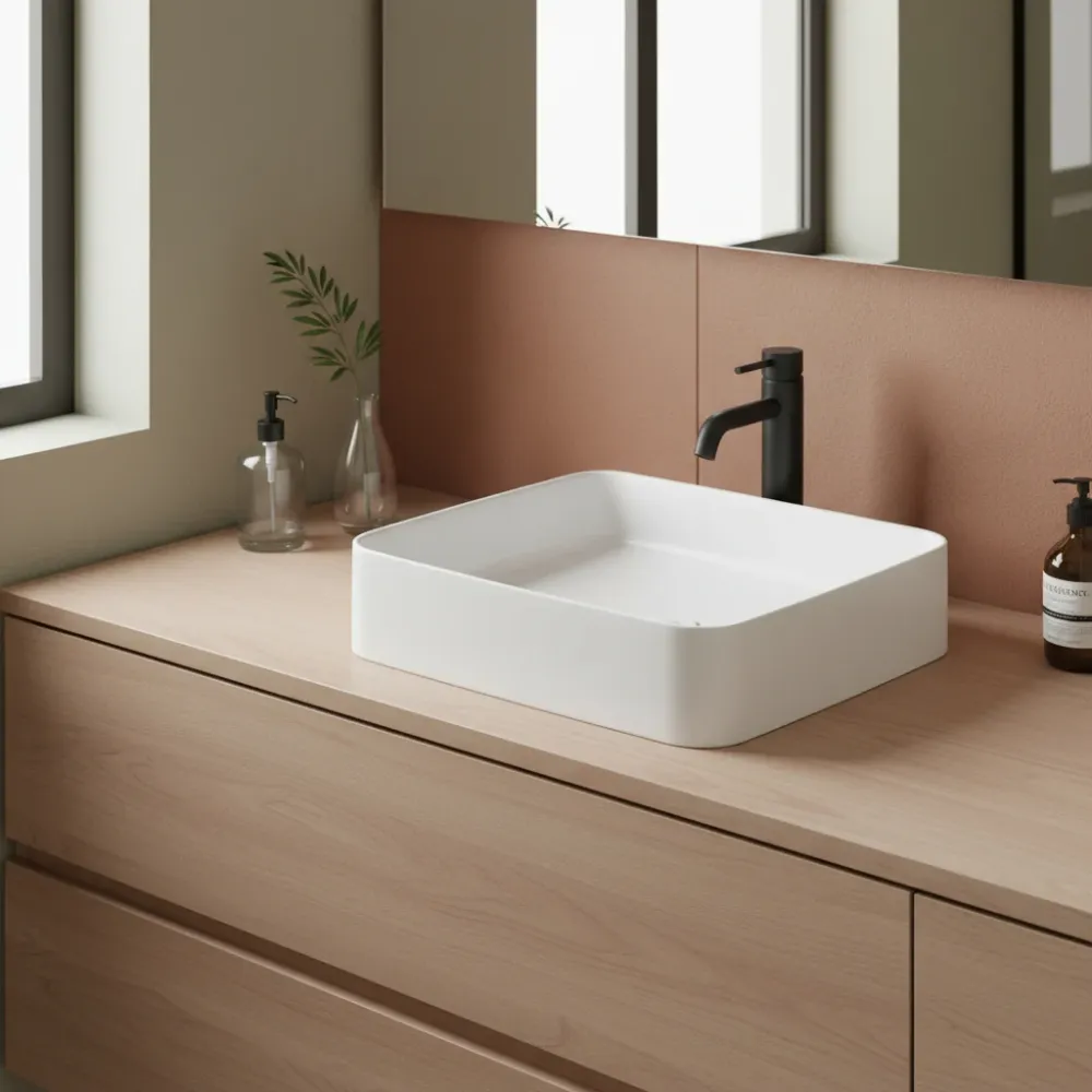 Perfumado Lavabo de apoyo con encimera griferí serie Smart-B de Ceramica Galassia - Blanco mate 45cm